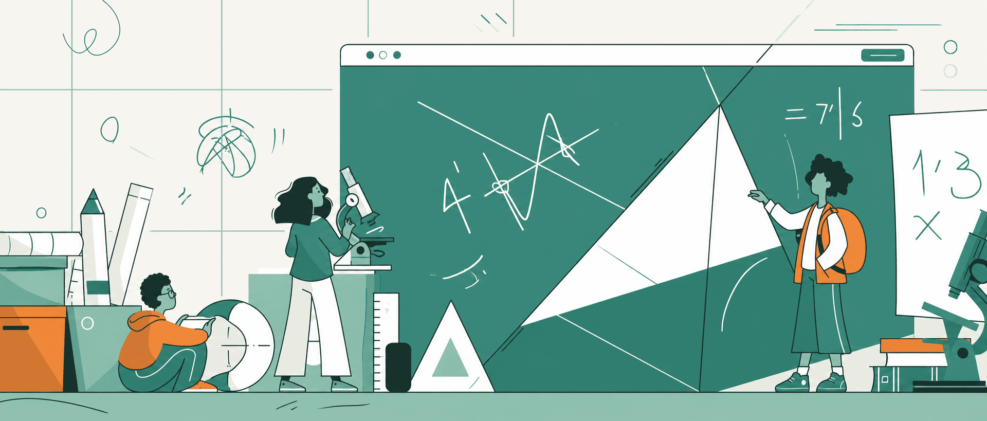 Ilustracija učenika za školskom pločom s geometrijskim zadatkom, mikroskopom i kutomjerom