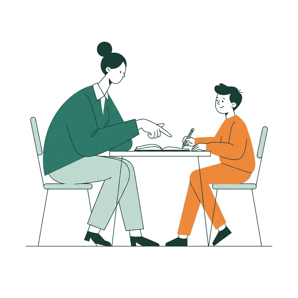 Ilustracija učiteljice i učenika koji zajedno rješavaju zadatak u bilježnici.